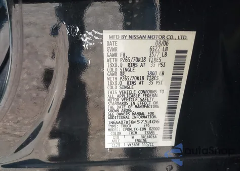 2006 Nissan Titan Se from USA, damaged, VIN 1N6AA07B56N575406